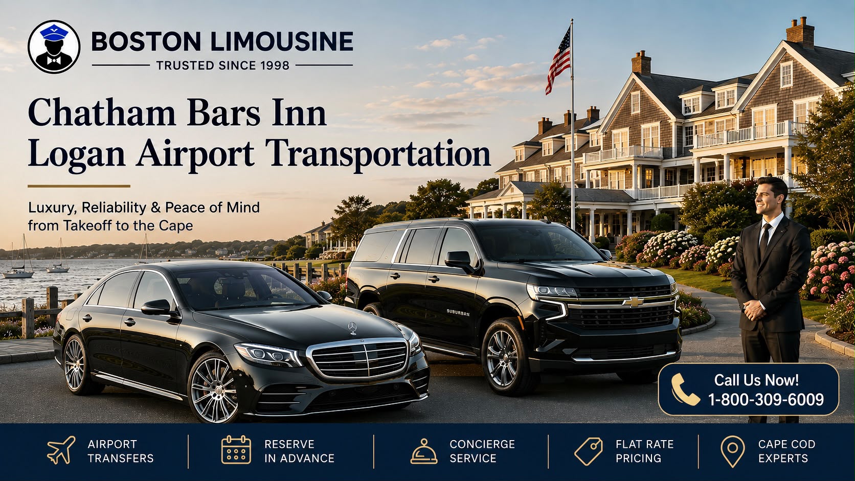 Boston Limousine chauffeur and car for a Logan Airport to Chatham Cape Cod transfer