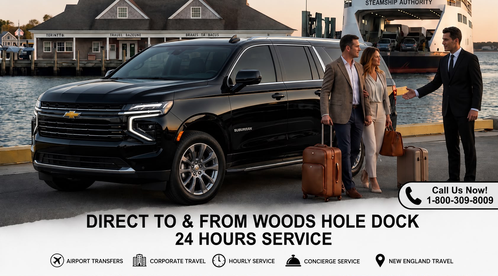 Boston Limousine chauffeur meeting an arriving passenger at Logan Airport for a Woods Hole ferry transfer