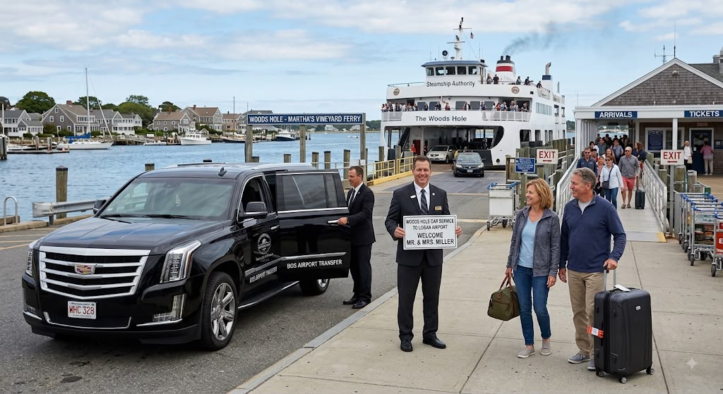 Boston Limousine car at the Woods Hole Steamship Authority ferry terminal for a Martha's Vineyard transfer
